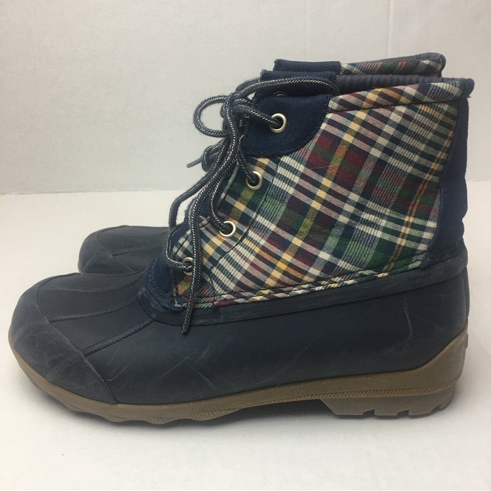 Sperry Port Girls 3M Black Rainbow Plaid Duck Rain Boots Lace Up